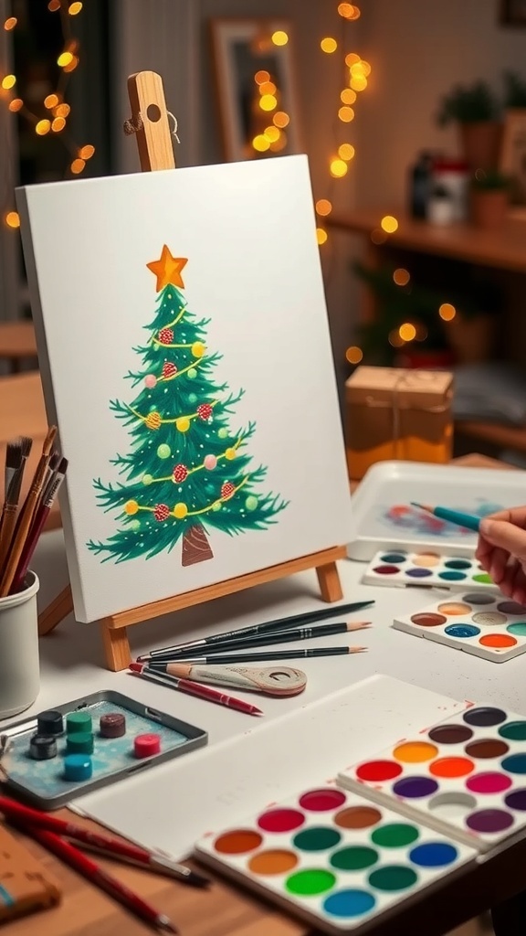 A workspace with a Christmas painting in progress, surrounded by art supplies and holiday lights.